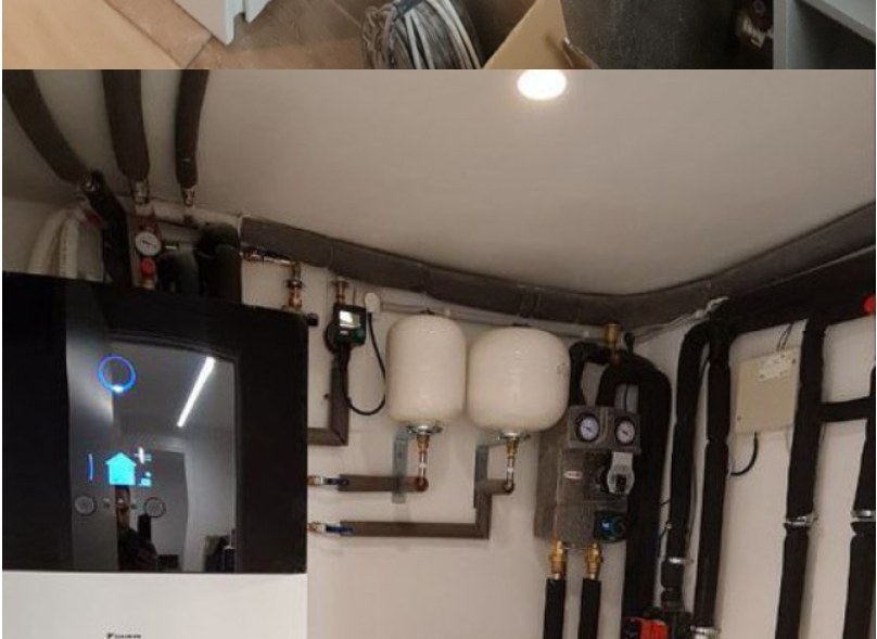 Detalle de colector con grupos de bombeo, vasos de expansión y valvulería.